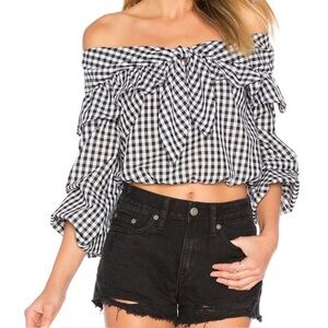 Lovers + Friends Rebecca Off The Shoulder Balloon Sleeve Gingham Top Size Small